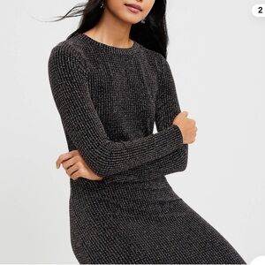 Loft Women's Black Multicolor Long Sleeve Side Slit Shimmer Midi Dress Sz S